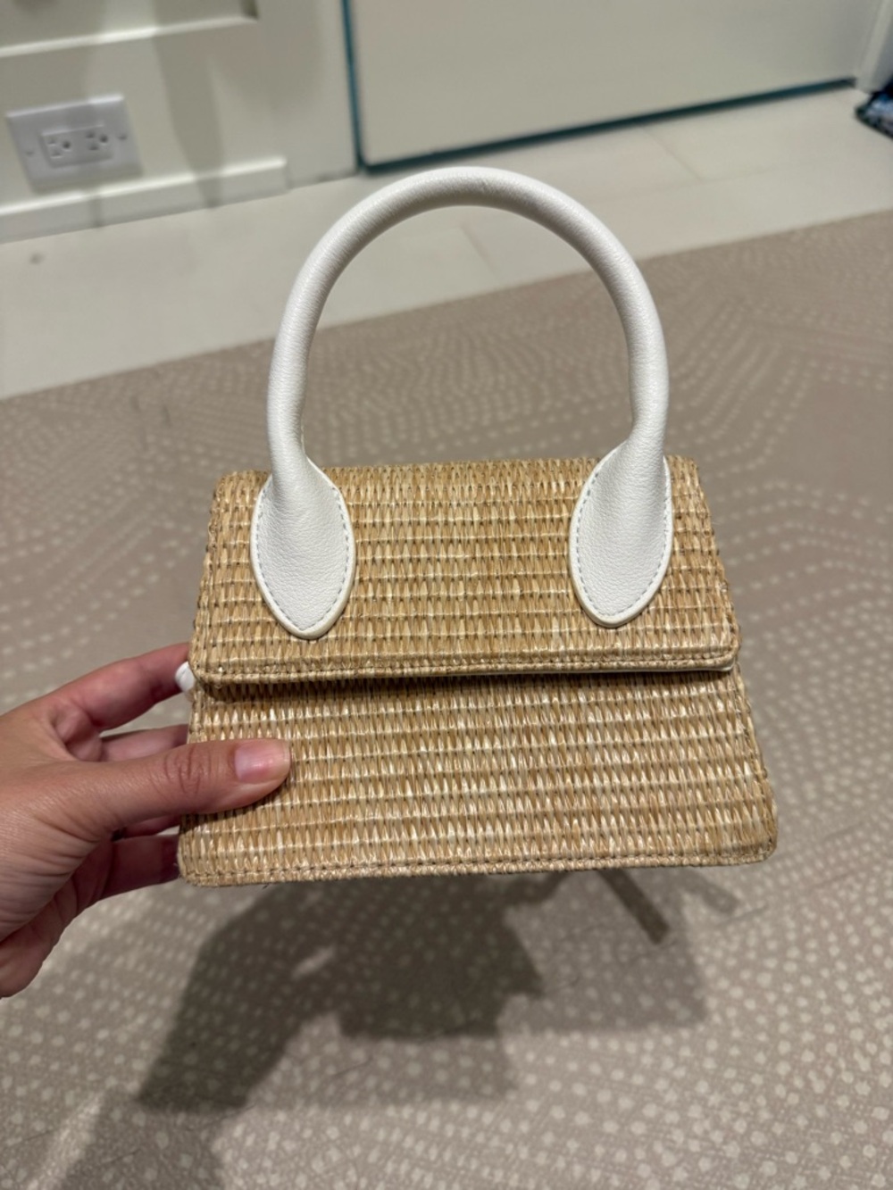 Billini Natural Straw Mini Top-Handle Bag with White Handles
